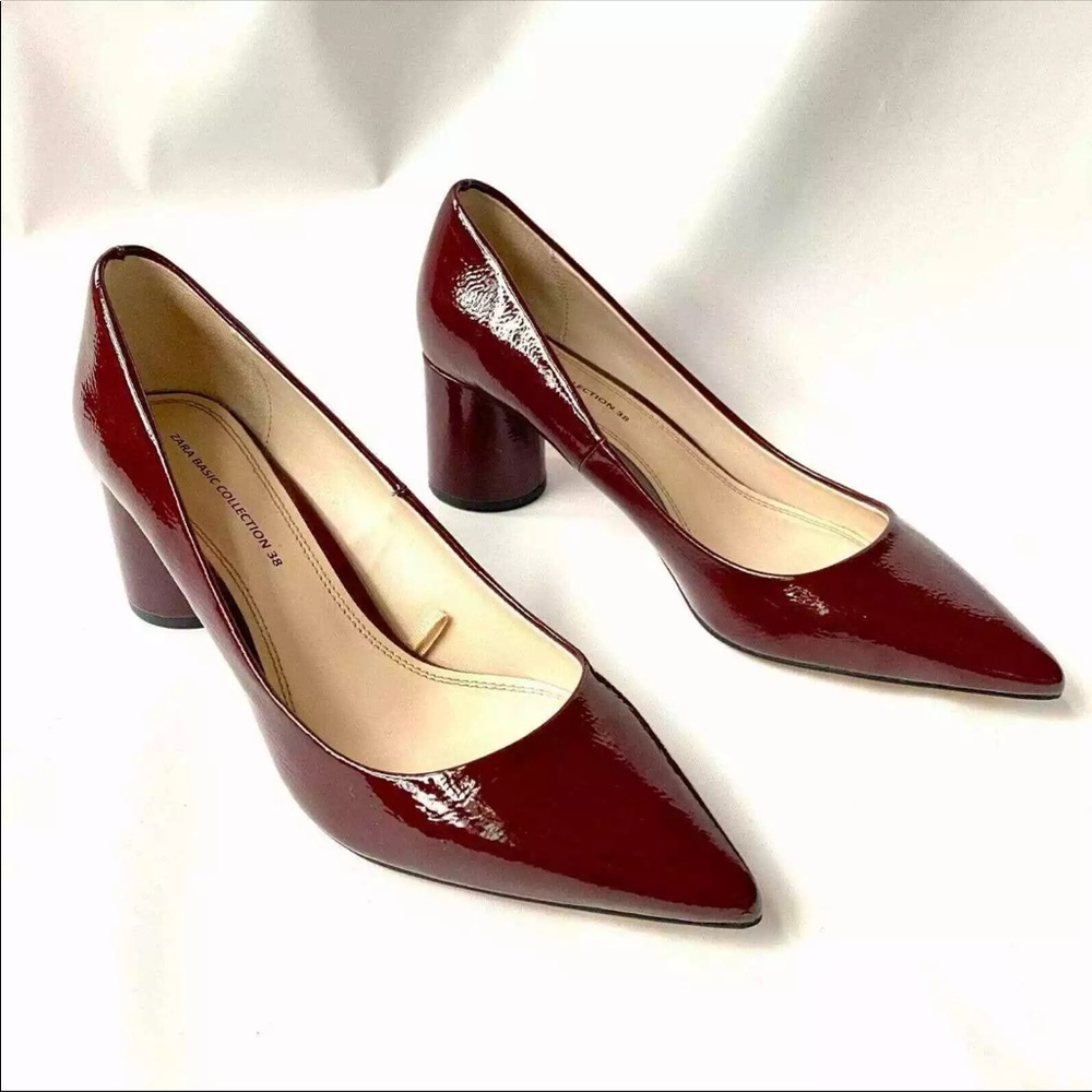 Zara Burgundy Patent Leather Block Heel Pumps